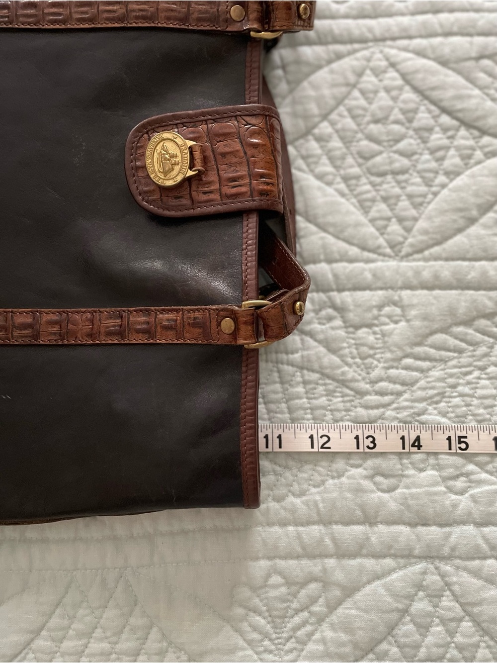 Vintage BRAHMIN Tuscan Leather Tote Black with Brown Crocodile-Embossed Trim - Picture 11 of 11